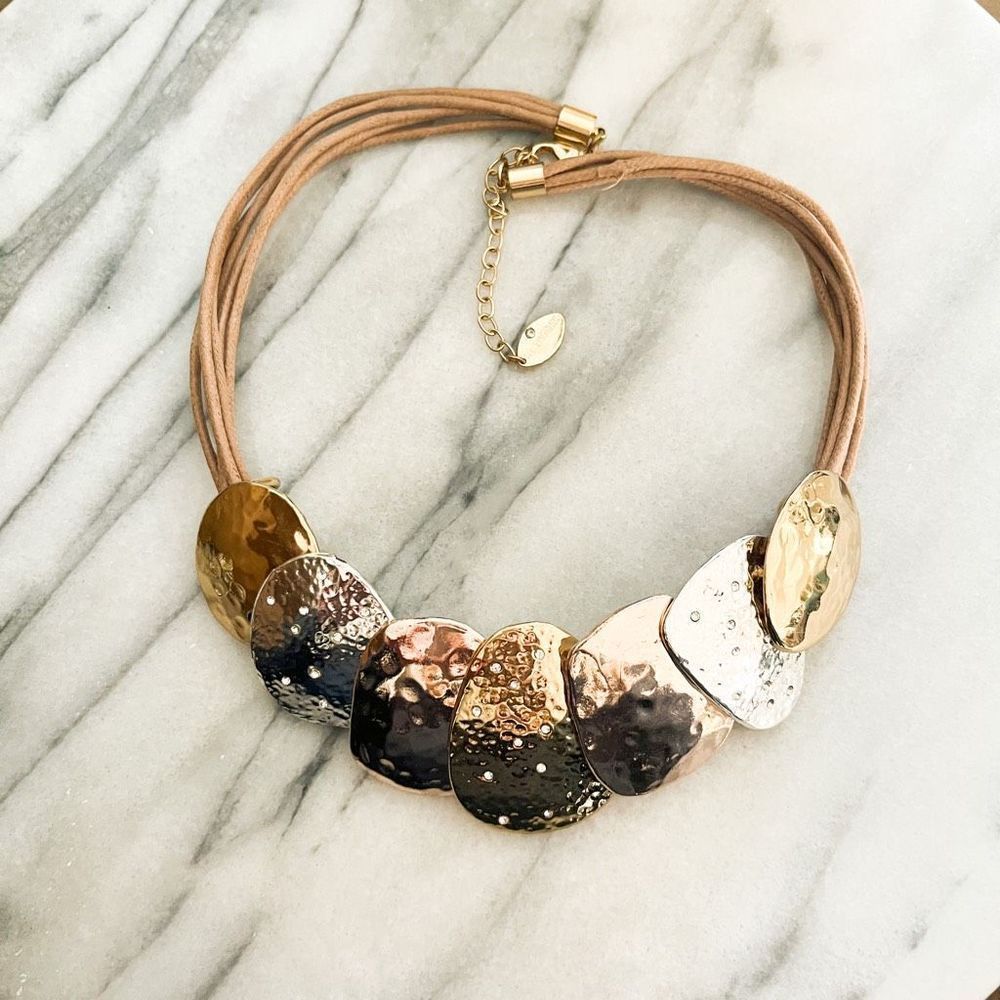 St Thomas Necklace Mixed Metal Gold Silver Toned Leather Cord Collar Statement